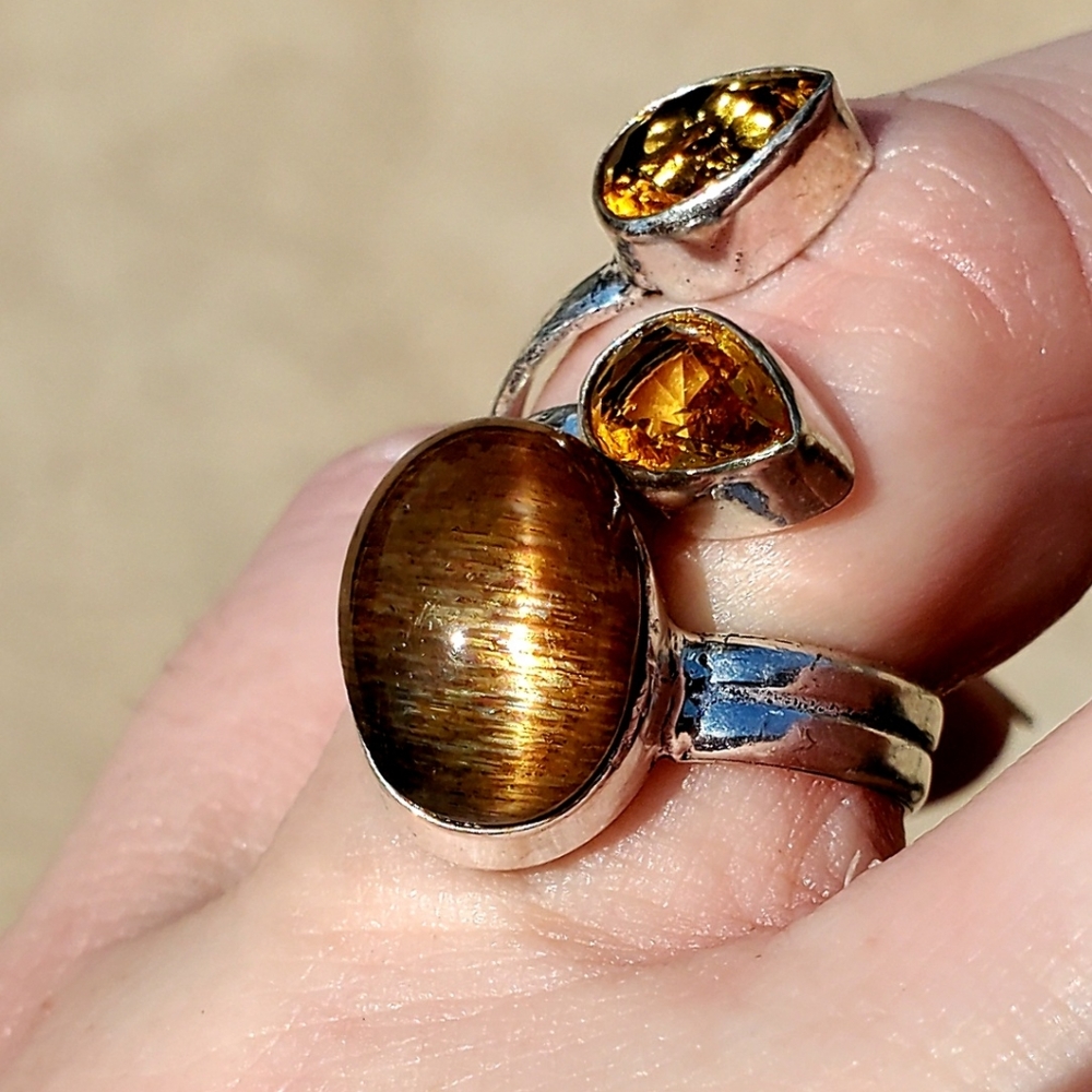 New Silver Sheen Obsidian & Citrine Open Cuff 925 Silver Ring. - Picture 13 of 16